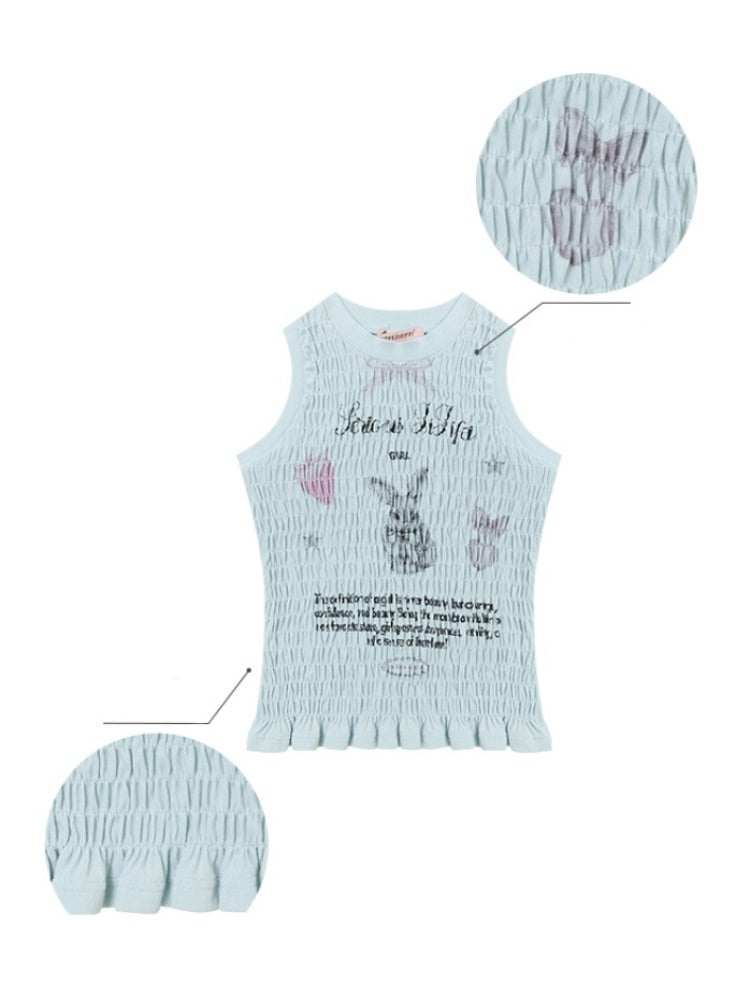 Rabbit Print Shirring Pleated Hem Tank Top【s0000013154】