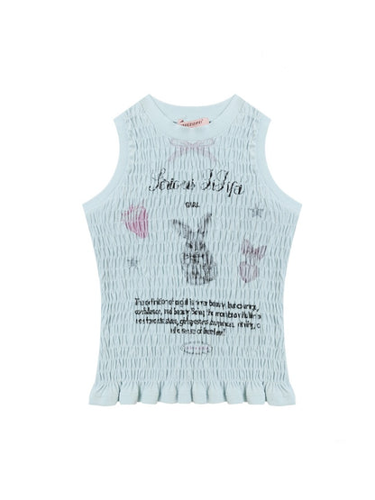 Rabbit Print Shirring Pleated Hem Tank Top【s0000013154】