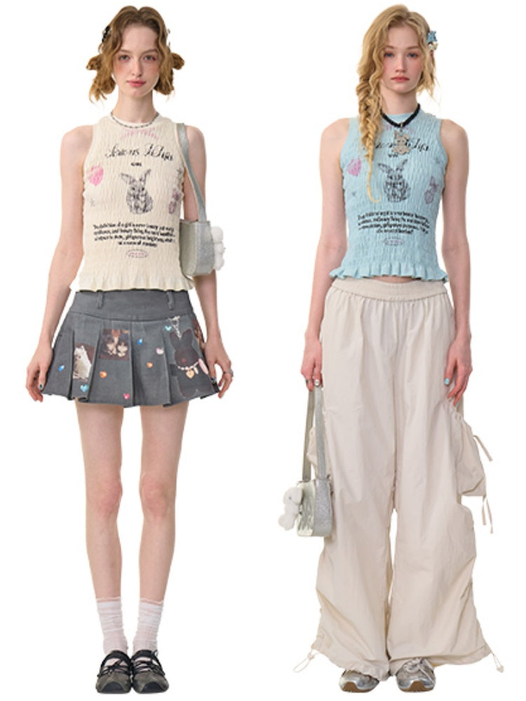 Rabbit Print Shirring Pleated Hem Tank Top【s0000013154】