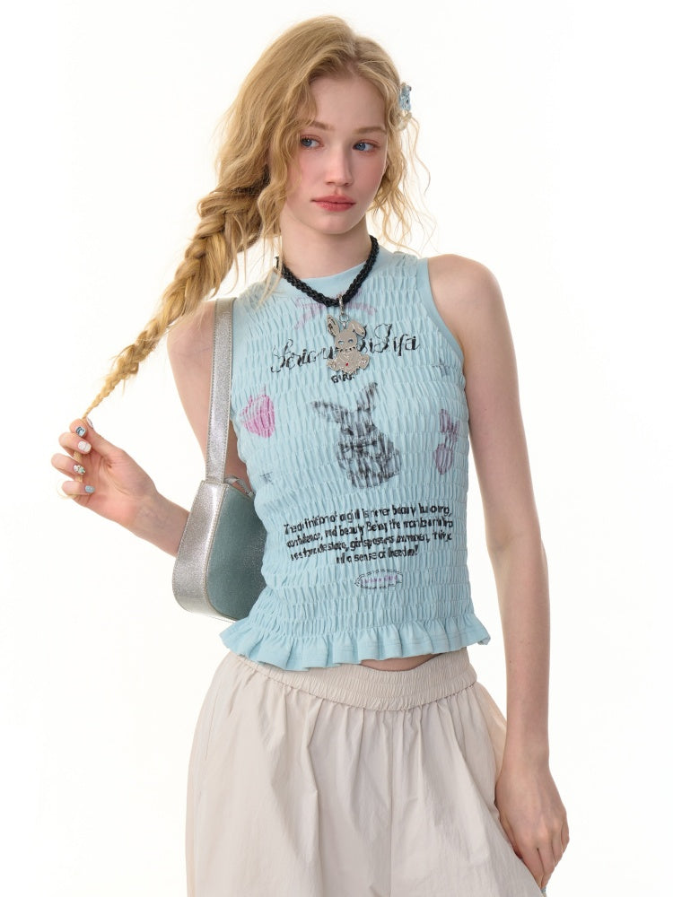 Rabbit Print Shirring Pleated Hem Tank Top【s0000013154】