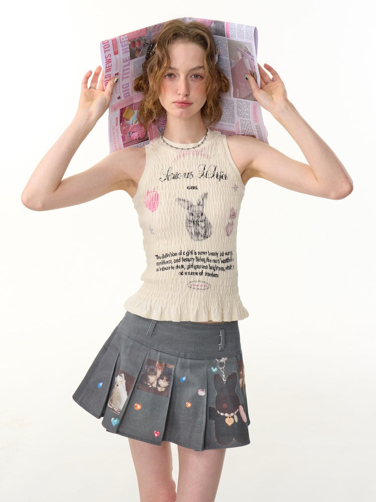 Rabbit Print Shirring Pleated Hem Tank Top【s0000013154】