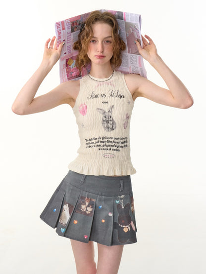 Rabbit Print Shirring Pleated Hem Tank Top【s0000013154】