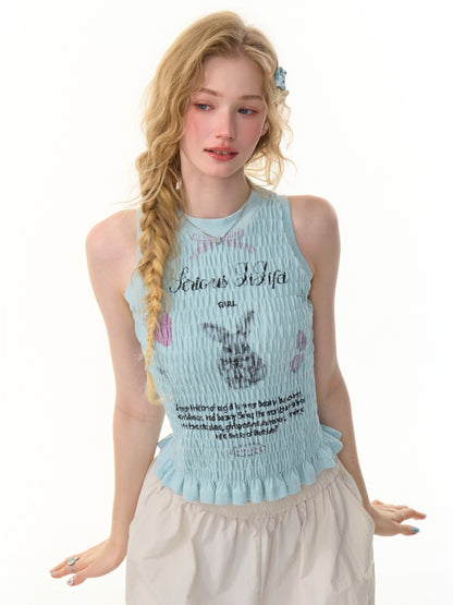 Rabbit Print Shirring Pleated Hem Tank Top【s0000013154】