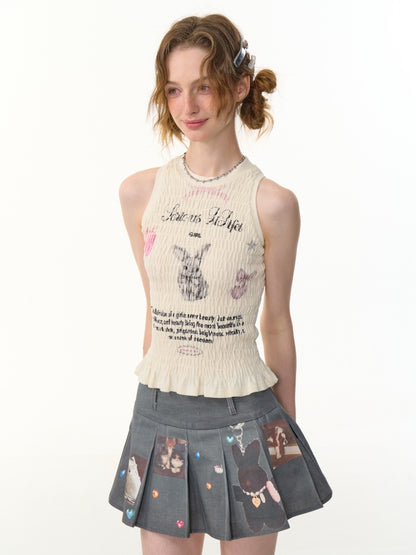 Rabbit Print Shirring Pleated Hem Tank Top【s0000013154】