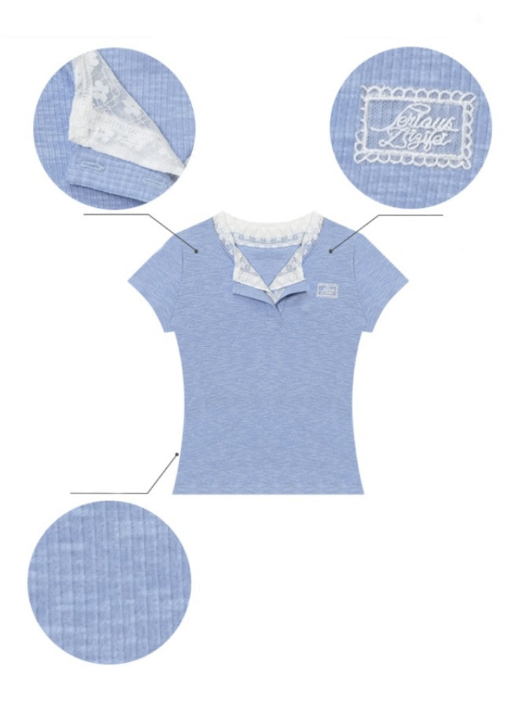 Ribbed Knit Henley Neck Lace Faux Layered Short Sleeve T-Shirt【s0000013156】