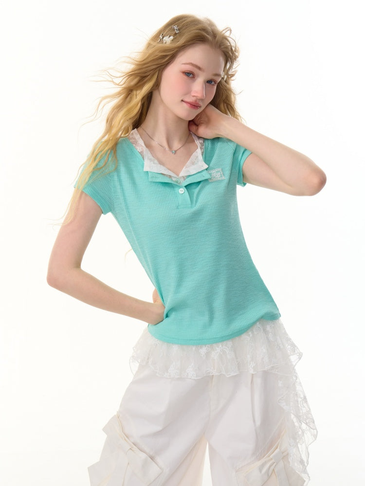 Ribbed Knit Henley Neck Lace Faux Layered Short Sleeve T-Shirt【s0000013156】