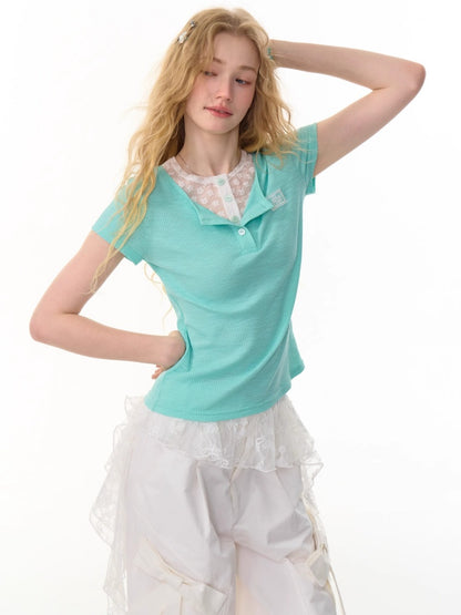 Ribbed Knit Henley Neck Lace Faux Layered Short Sleeve T-Shirt【s0000013156】