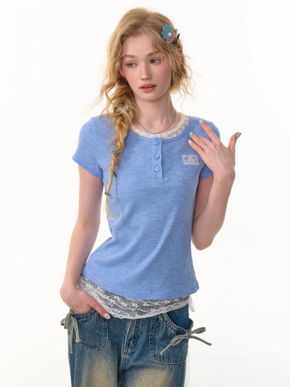 Ribbed Knit Henley Neck Lace Faux Layered Short Sleeve T-Shirt【s0000013156】