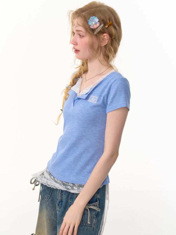 Ribbed Knit Henley Neck Lace Faux Layered Short Sleeve T-Shirt【s0000013156】