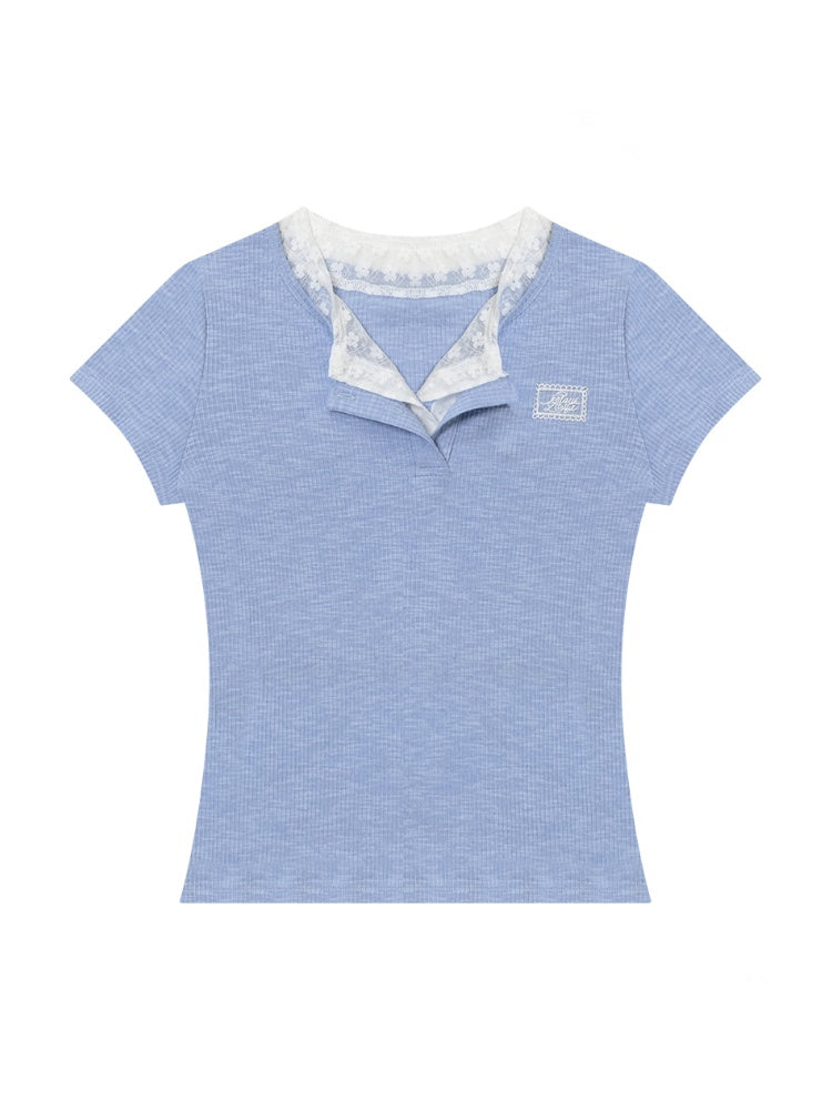 Ribbed Knit Henley Neck Lace Faux Layered Short Sleeve T-Shirt【s0000013156】
