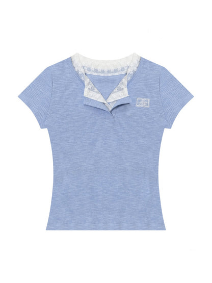 Ribbed Knit Henley Neck Lace Faux Layered Short Sleeve T-Shirt【s0000013156】