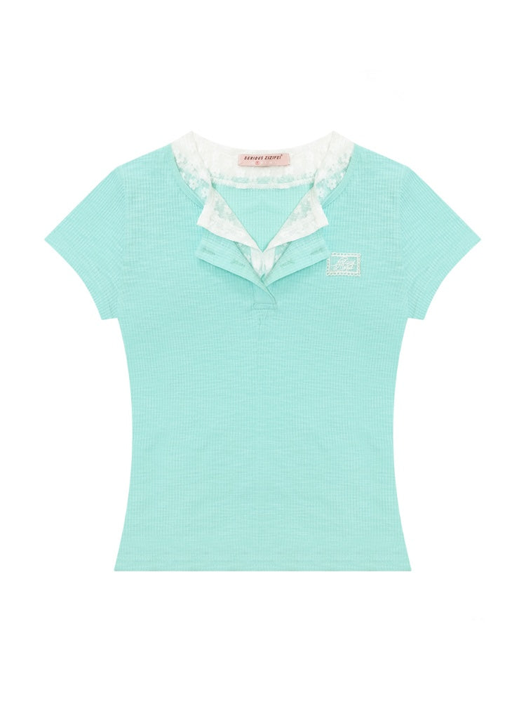 Ribbed Knit Henley Neck Lace Faux Layered Short Sleeve T-Shirt【s0000013156】