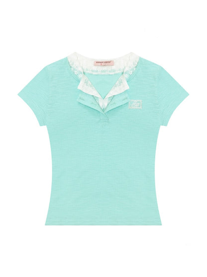 Ribbed Knit Henley Neck Lace Faux Layered Short Sleeve T-Shirt【s0000013156】
