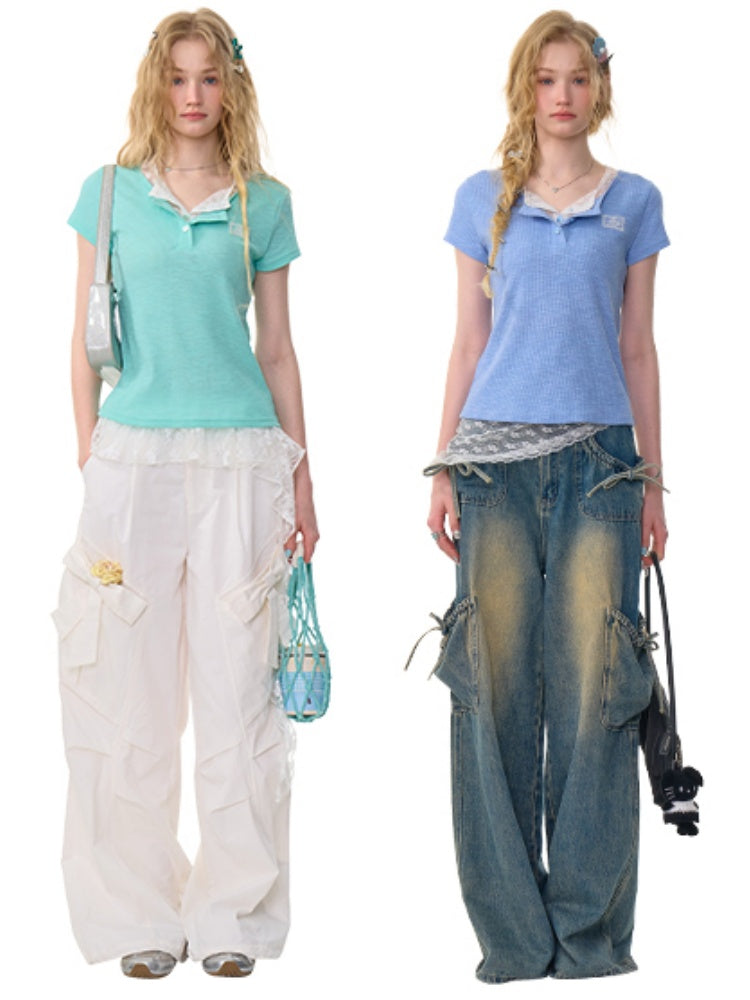Ribbed Knit Henley Neck Lace Faux Layered Short Sleeve T-Shirt【s0000013156】