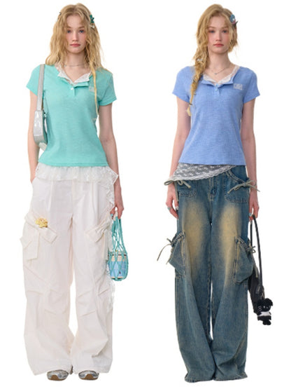 Ribbed Knit Henley Neck Lace Faux Layered Short Sleeve T-Shirt【s0000013156】