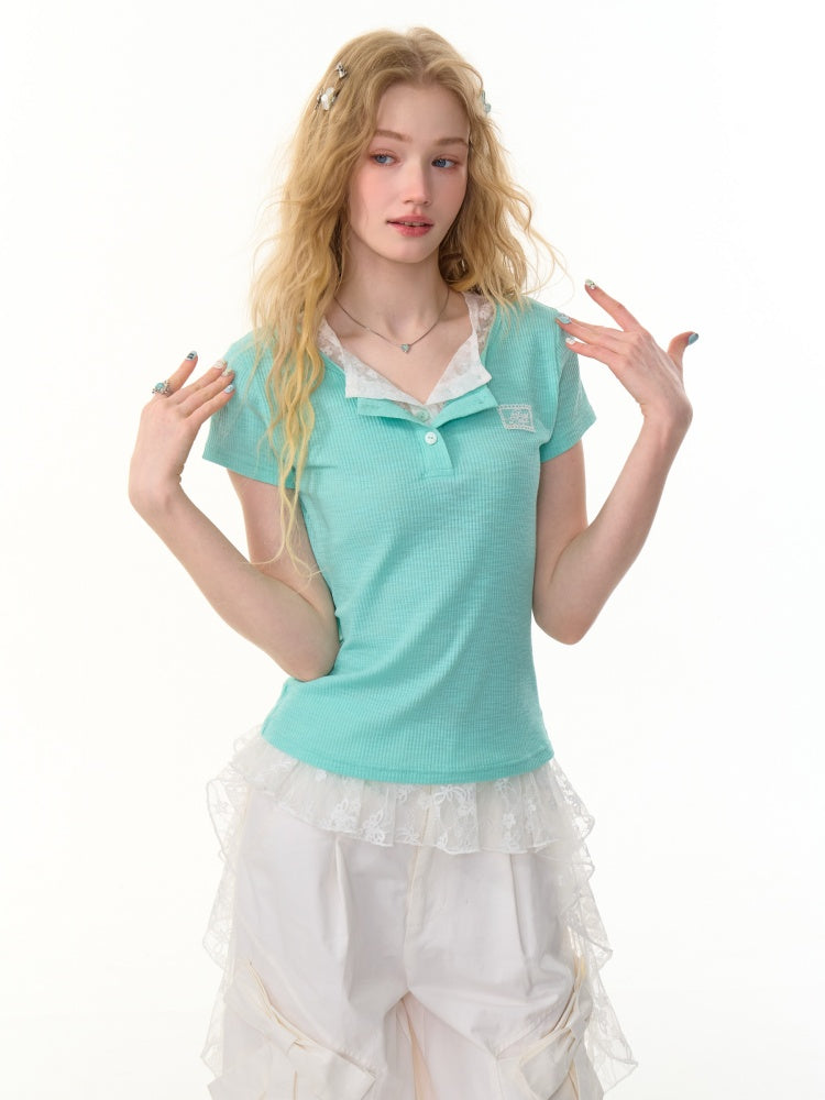 Ribbed Knit Henley Neck Lace Faux Layered Short Sleeve T-Shirt【s0000013156】