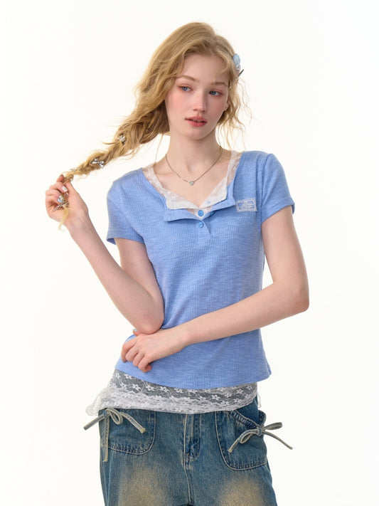 Ribbed Knit Henley Neck Lace Faux Layered Short Sleeve T-Shirt【s0000013156】