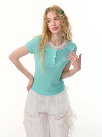 Ribbed Knit Henley Neck Lace Faux Layered Short Sleeve T-Shirt【s0000013156】