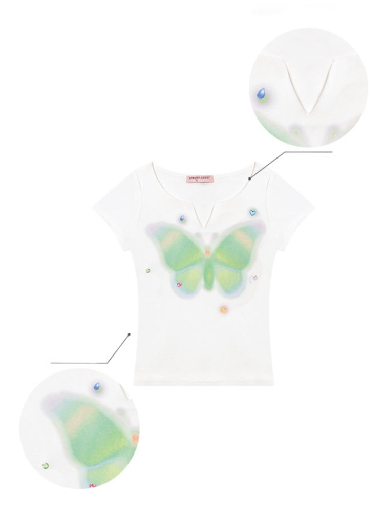 Butterfly Print V-Neck Short Sleeve T-Shirt【s0000013157】