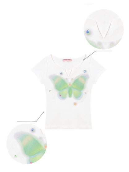 Butterfly Print V-Neck Short Sleeve T-Shirt【s0000013157】