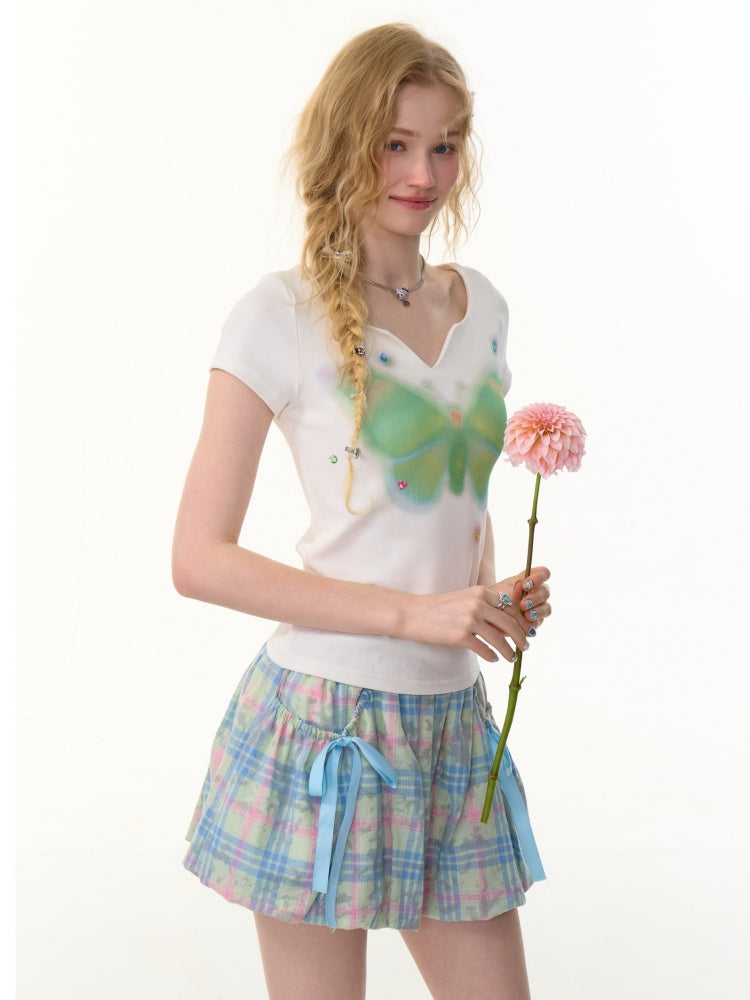 Butterfly Print V-Neck Short Sleeve T-Shirt【s0000013157】