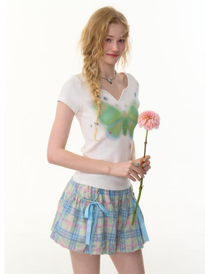 Butterfly Print V-Neck Short Sleeve T-Shirt【s0000013157】
