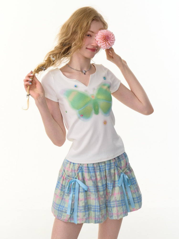 Butterfly Print V-Neck Short Sleeve T-Shirt【s0000013157】