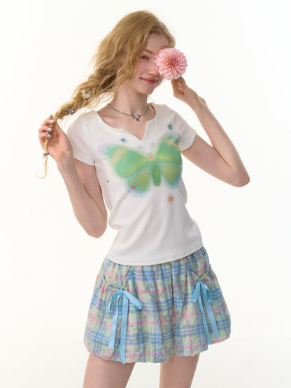 Butterfly Print V-Neck Short Sleeve T-Shirt【s0000013157】