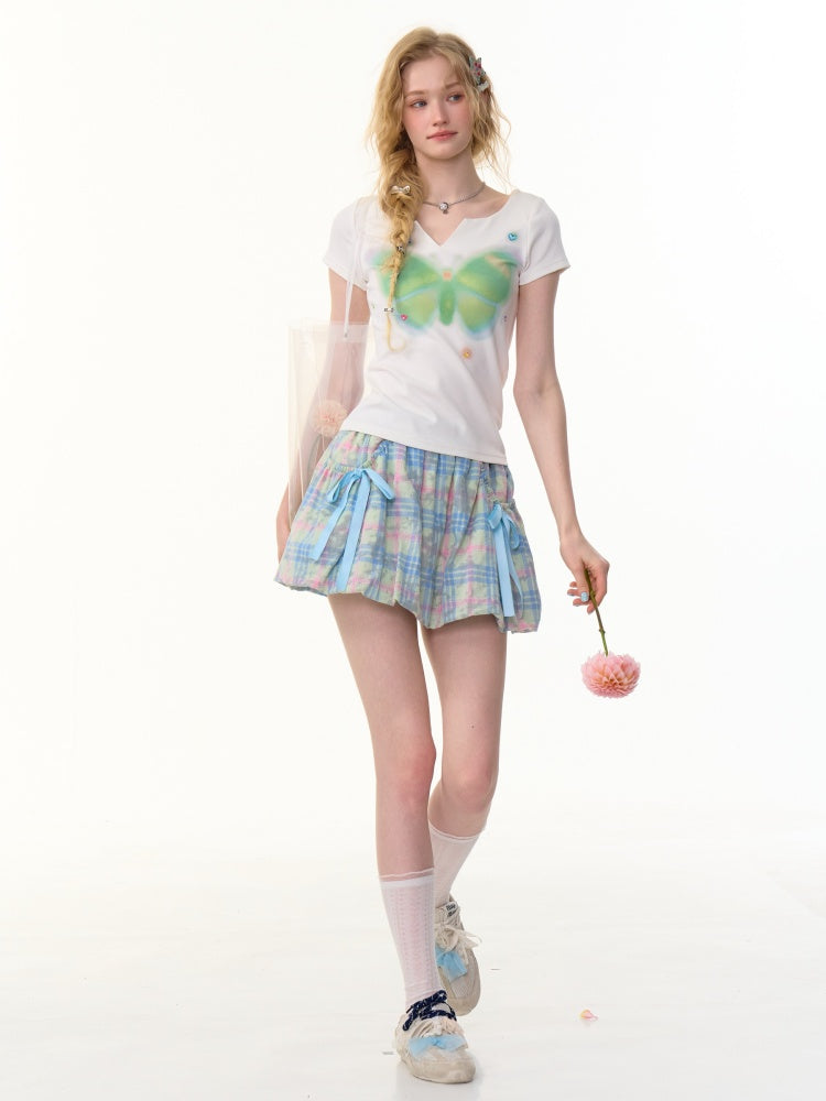 Butterfly Print V-Neck Short Sleeve T-Shirt【s0000013157】