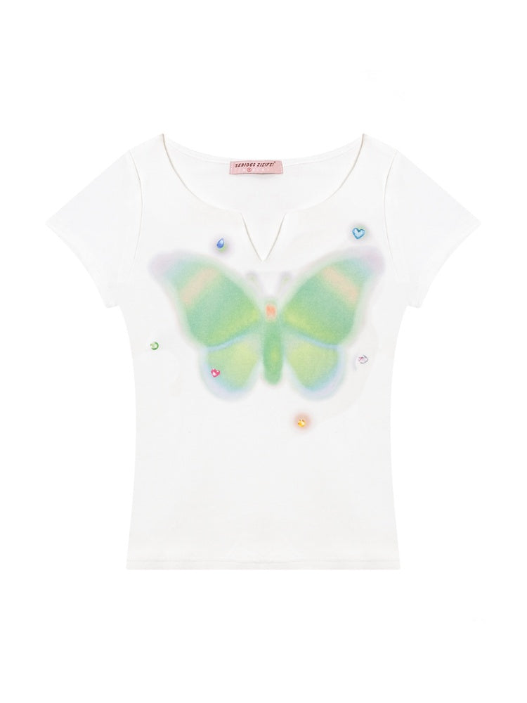 Butterfly Print V-Neck Short Sleeve T-Shirt【s0000013157】