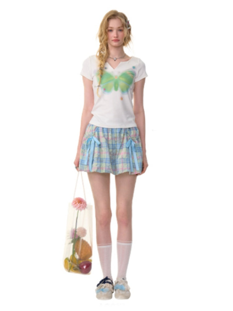 Butterfly Print V-Neck Short Sleeve T-Shirt【s0000013157】