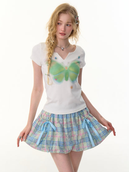Butterfly Print V-Neck Short Sleeve T-Shirt【s0000013157】