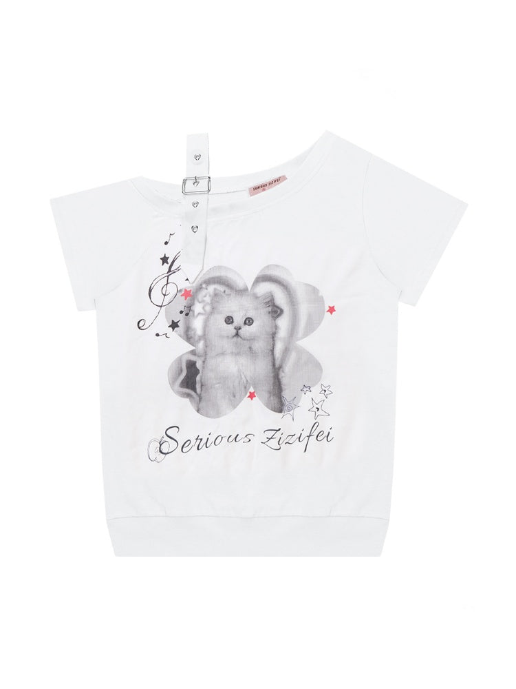 Cat Print Off Shoulder Adjustable Strap Short Sleeve T-Shirt【s0000013158】