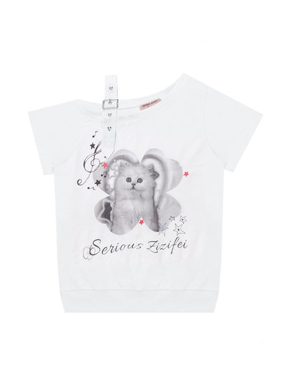 Cat Print Off Shoulder Adjustable Strap Short Sleeve T-Shirt【s0000013158】