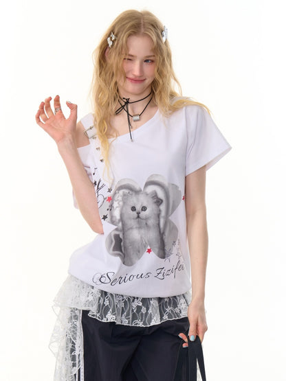 Cat Print Off Shoulder Adjustable Strap Short Sleeve T-Shirt【s0000013158】