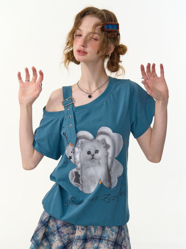 Cat Print Off Shoulder Adjustable Strap Short Sleeve T-Shirt【s0000013158】