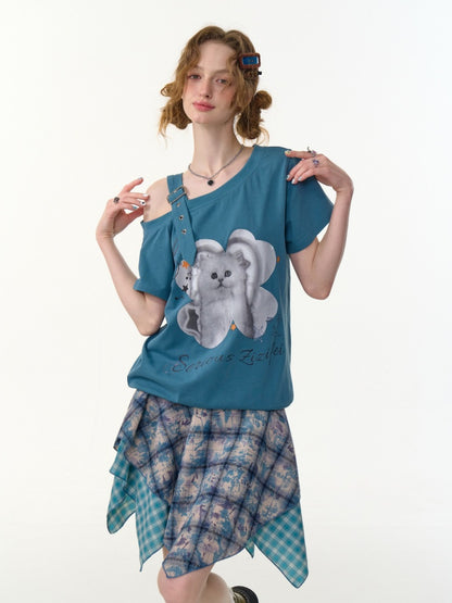 Cat Print Off Shoulder Adjustable Strap Short Sleeve T-Shirt【s0000013158】