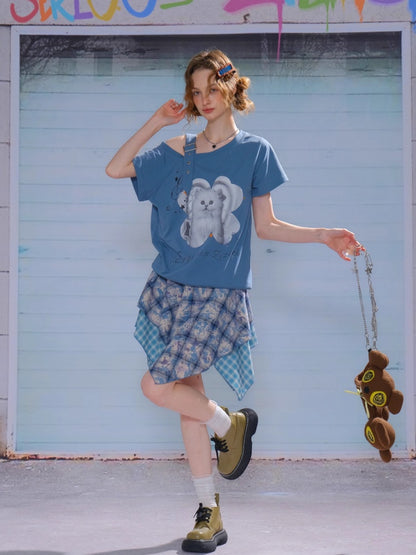 Cat Print Off Shoulder Adjustable Strap Short Sleeve T-Shirt【s0000013158】