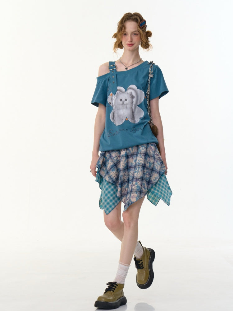 Cat Print Off Shoulder Adjustable Strap Short Sleeve T-Shirt【s0000013158】