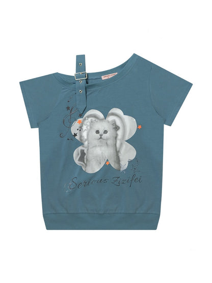 Cat Print Off Shoulder Adjustable Strap Short Sleeve T-Shirt【s0000013158】