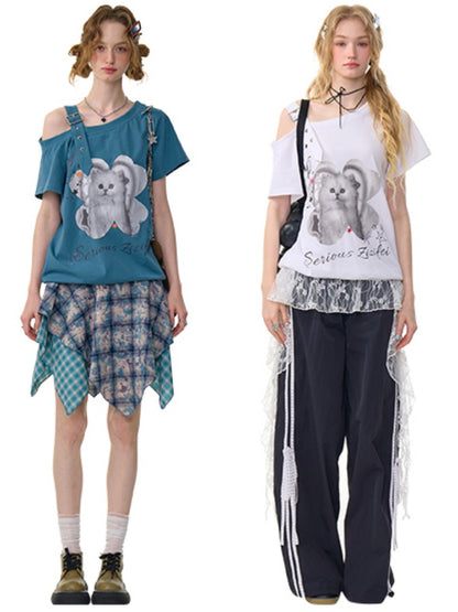 Cat Print Off Shoulder Adjustable Strap Short Sleeve T-Shirt【s0000013158】