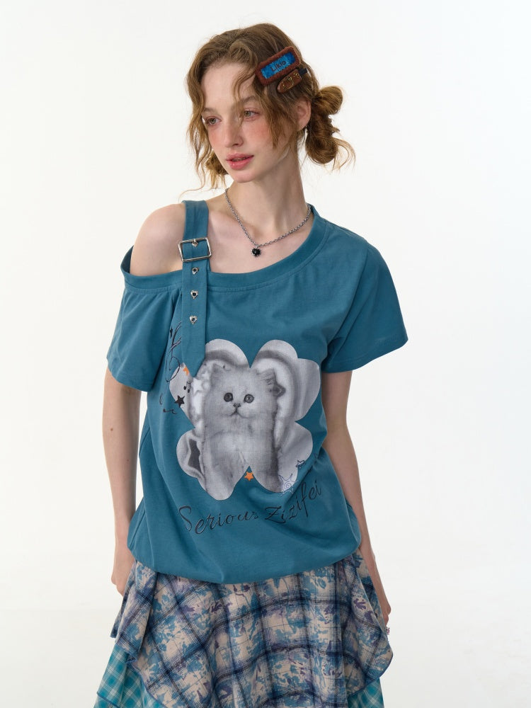 Cat Print Off Shoulder Adjustable Strap Short Sleeve T-Shirt【s0000013158】