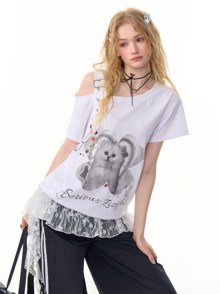 Cat Print Off Shoulder Adjustable Strap Short Sleeve T-Shirt【s0000013158】