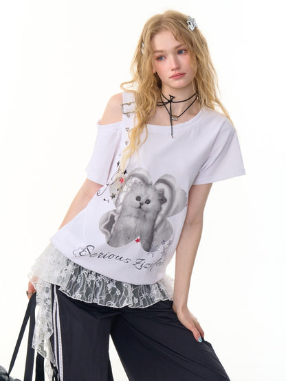 Cat Print Off Shoulder Adjustable Strap Short Sleeve T-Shirt【s0000013158】