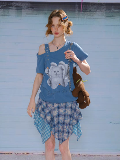 Cat Print Off Shoulder Adjustable Strap Short Sleeve T-Shirt【s0000013158】