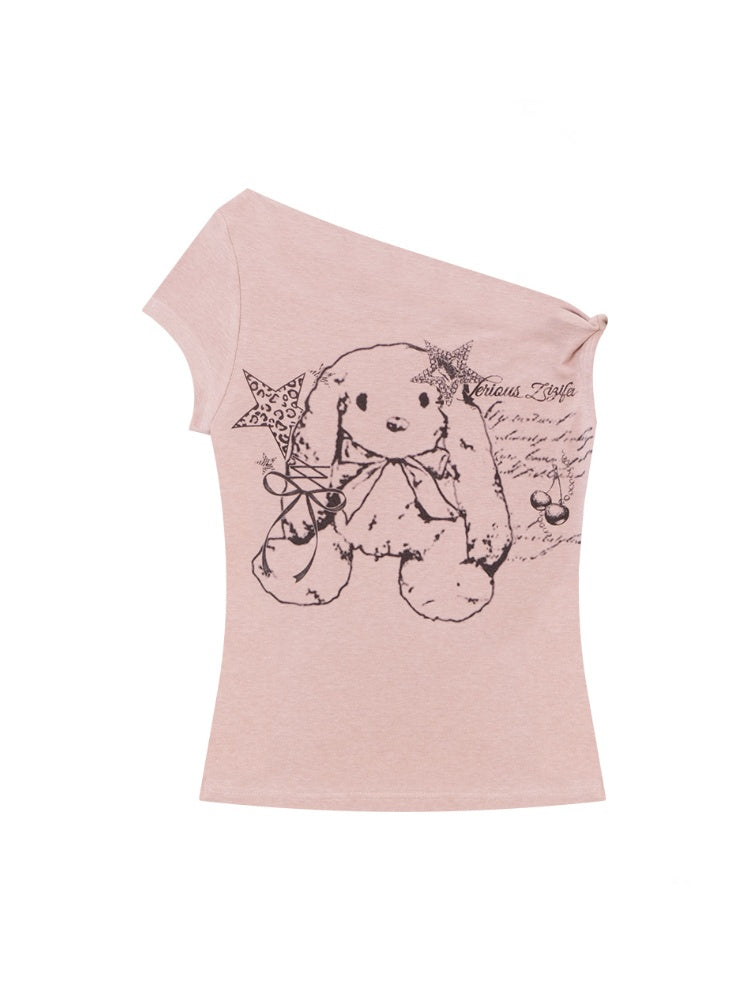 One Shoulder Bunny Graphic T-Shirt【s0000013159】