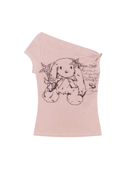 One Shoulder Bunny Graphic T-Shirt【s0000013159】