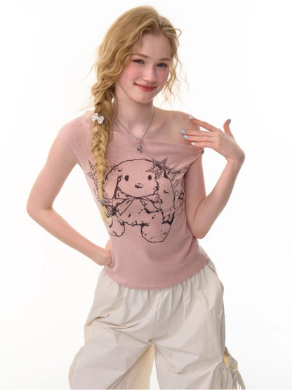 One Shoulder Bunny Graphic T-Shirt【s0000013159】