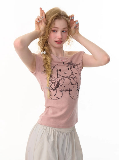 One Shoulder Bunny Graphic T-Shirt【s0000013159】