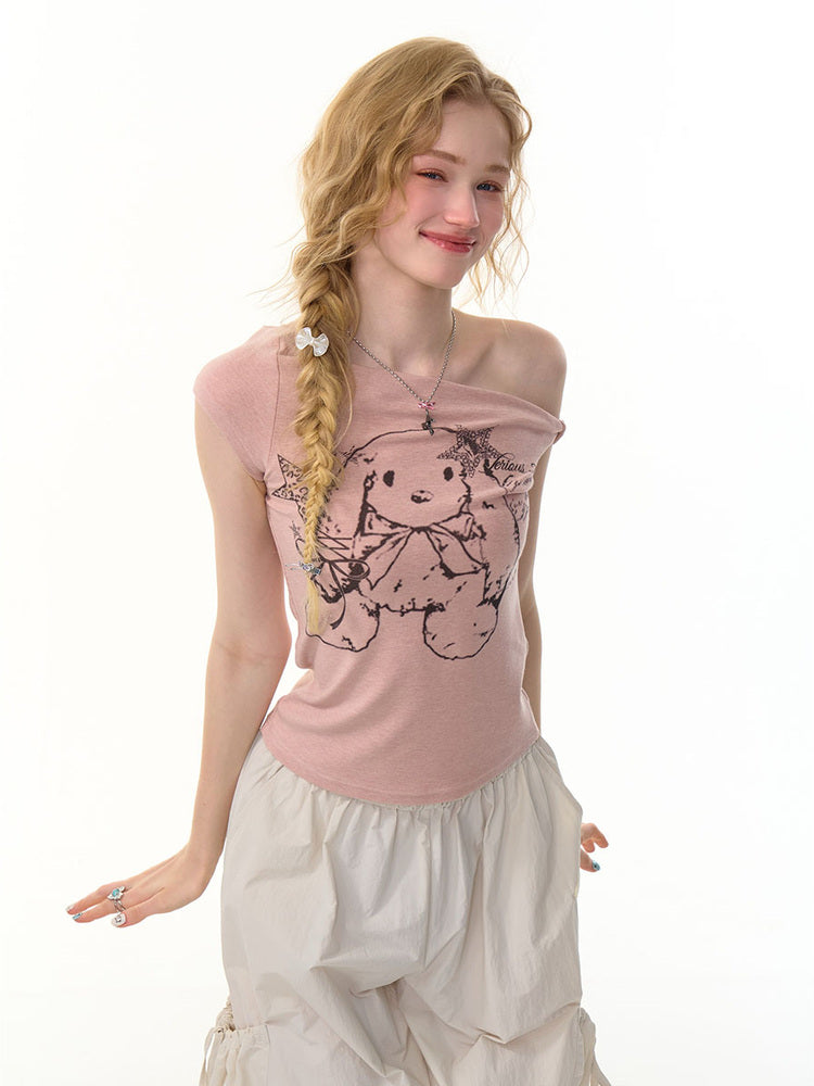 One Shoulder Bunny Graphic T-Shirt【s0000013159】